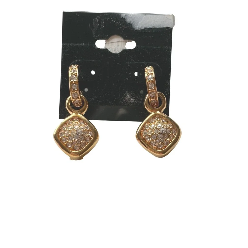 NEW Joan Rivers Gold Tone Pave Crystal Square Drop Hoop Earrings‎ Vintage Style